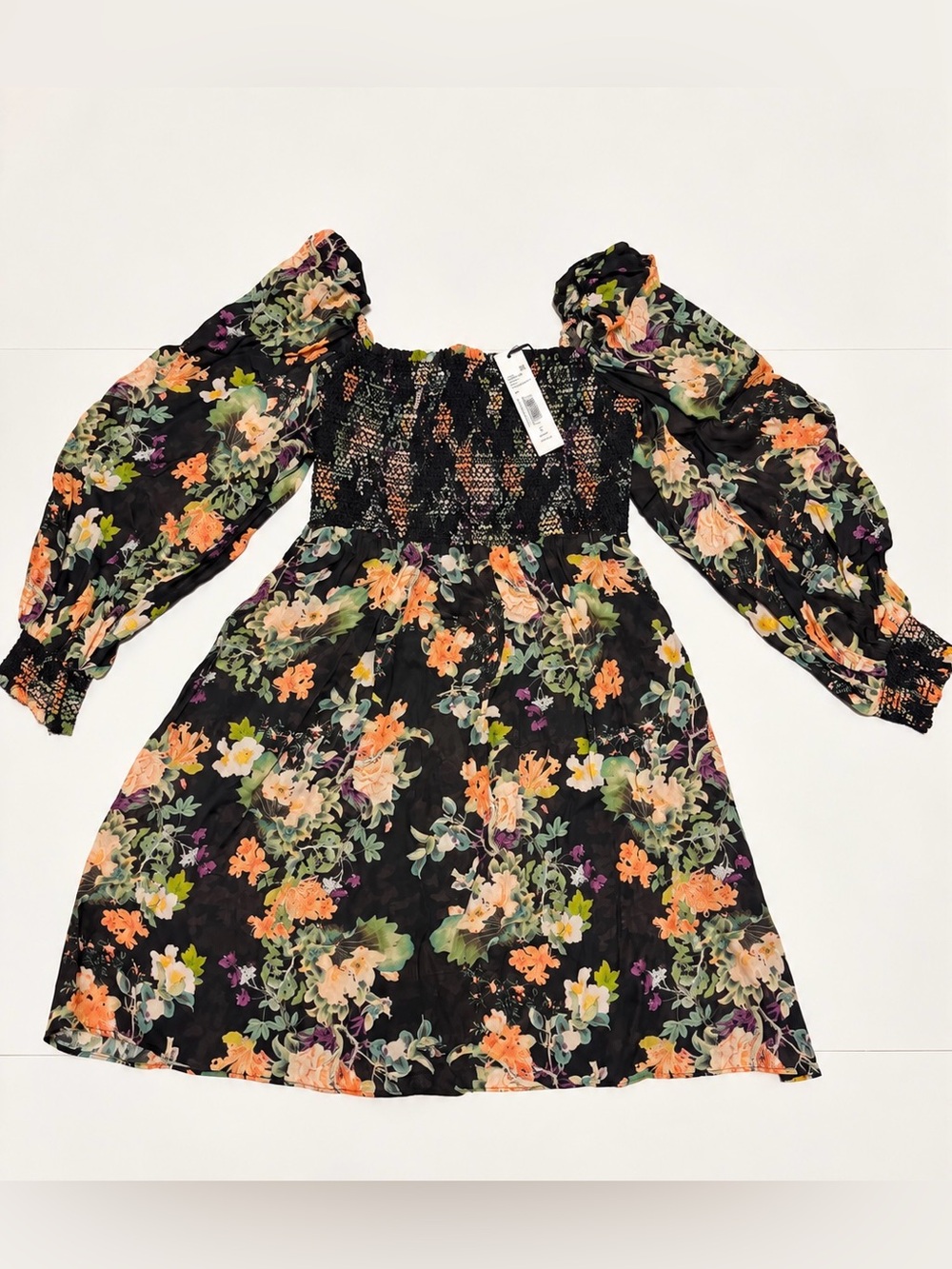 Alice + Olivia Black Floral Smocked Puff Sleeve Dress
